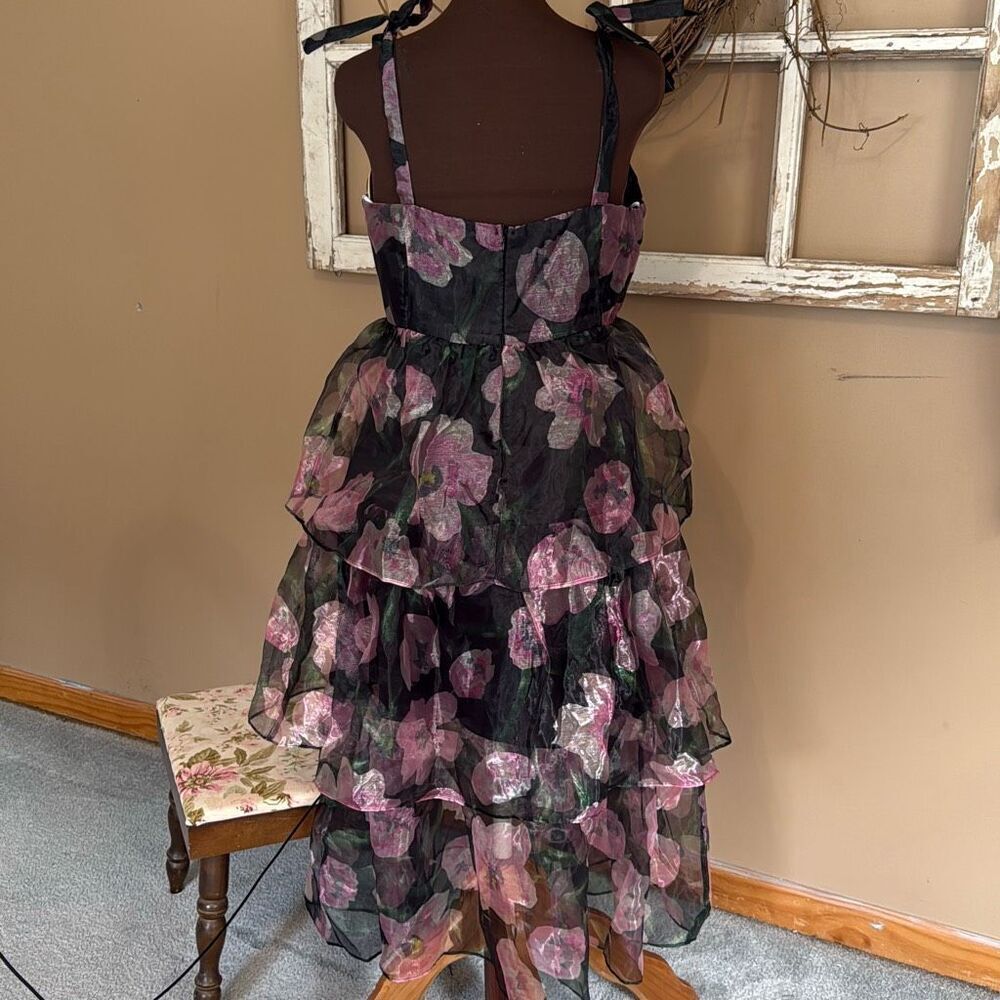 Lulus tiered black floral midi dress size large tie straps whimsigoth fairy dark - Picture 5 of 12